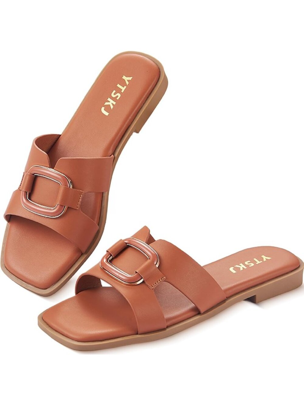 Women's Brown Slip On Flat Loafers Comfortable Square Casual PU Leather